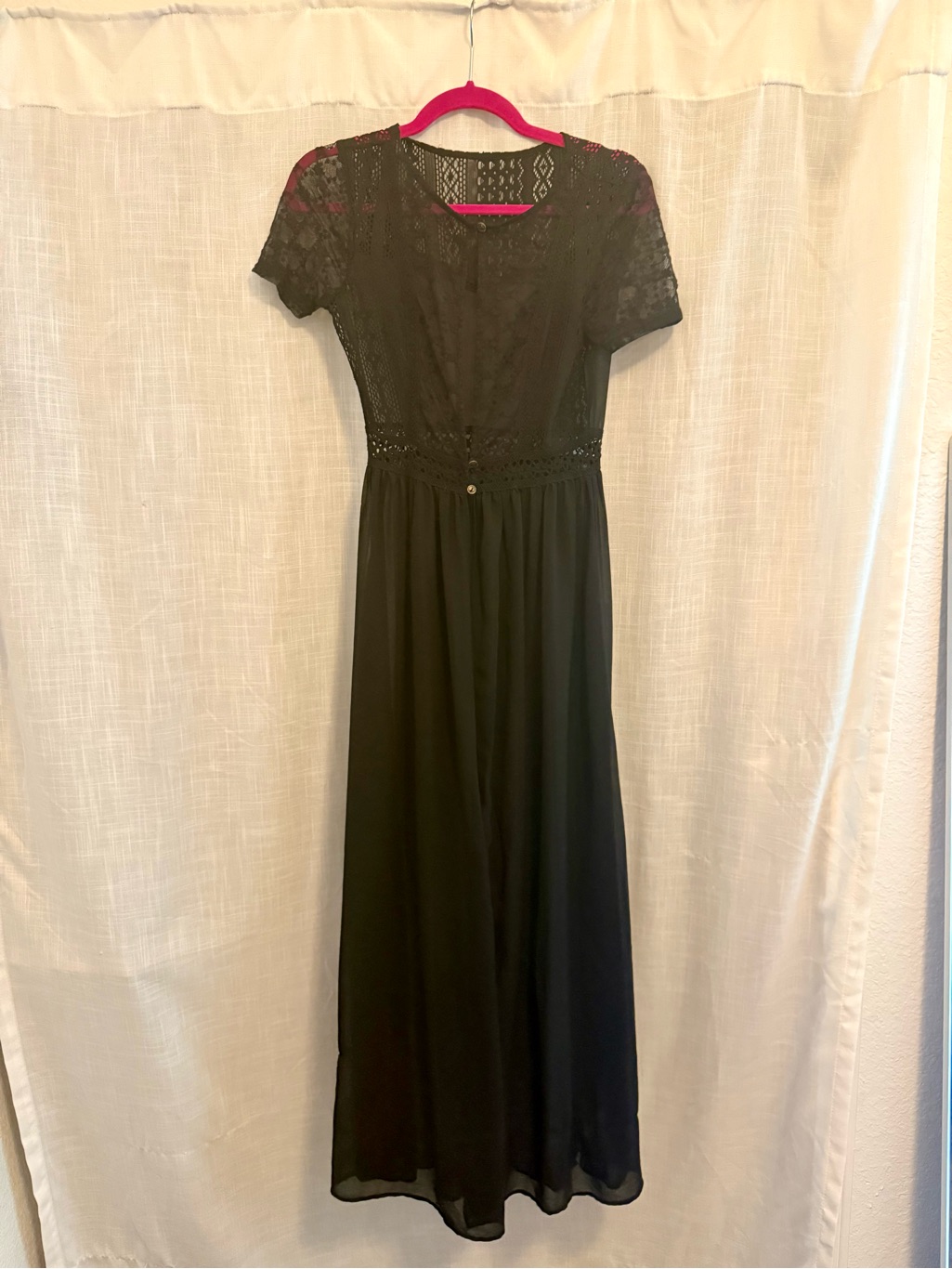 Black Lace Bodice Maxi Dress/Swim Cover Up, Buttons In Front